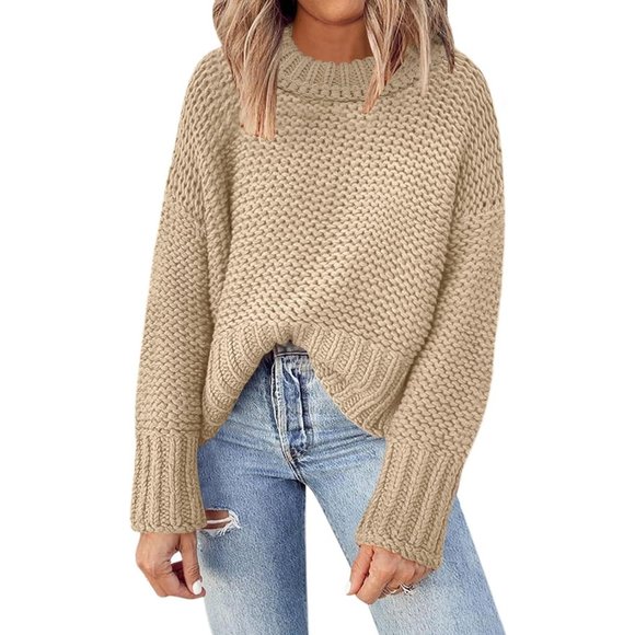 Women's Crewneck Chunky Knit  Batwing Long Sleeve Loose Pullover Sweaters Tops - Picture 1 of 6